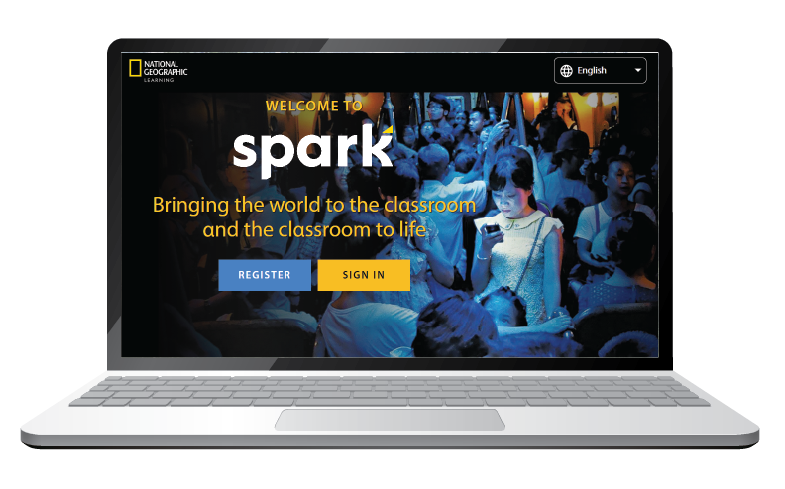 Cargar video: "Interfaz digital de la plataforma Spark de National Geographic Learning mostrada en diversos dispositivos. La imagen resalta el ecosistema 'todo en uno' con fotografías vibrantes del mundo real, iconos de herramientas educativas integradas y un diseño intuitivo para docentes y alumnos."